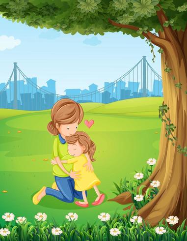A mother hugging her daughter under the tree vector
