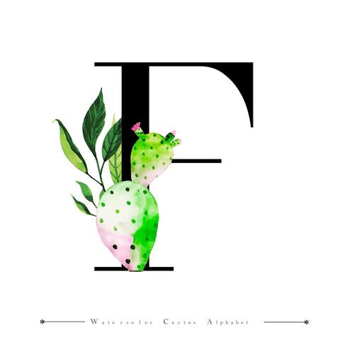 Alphabet Letter F with Watercolor cactus and Leaves  vector