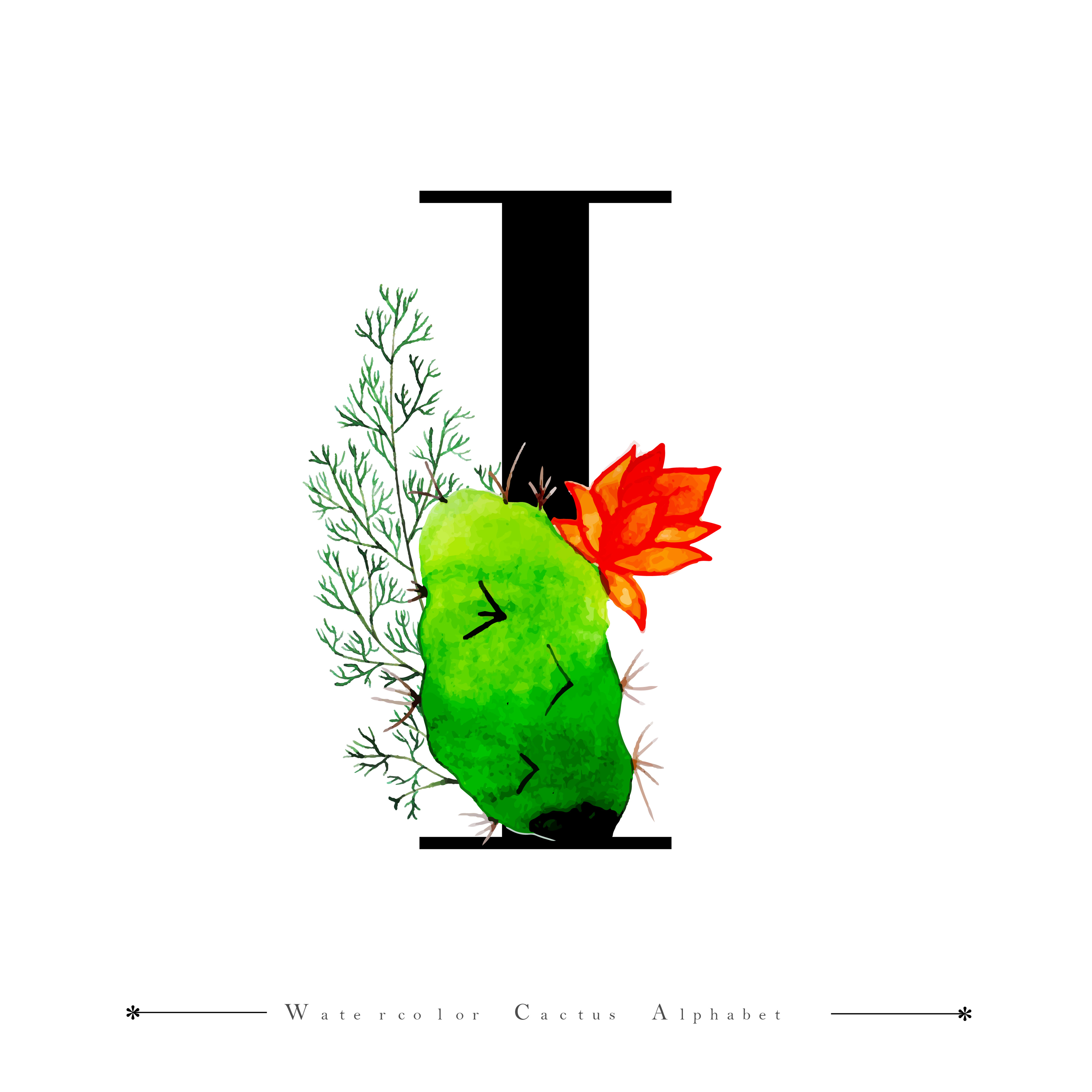 Alphabet Letter I with Watercolor cactus and Leaves - Download Free