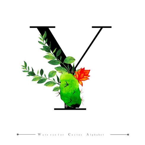Alphabet Letter Y with Watercolor cactus and Leaves  vector