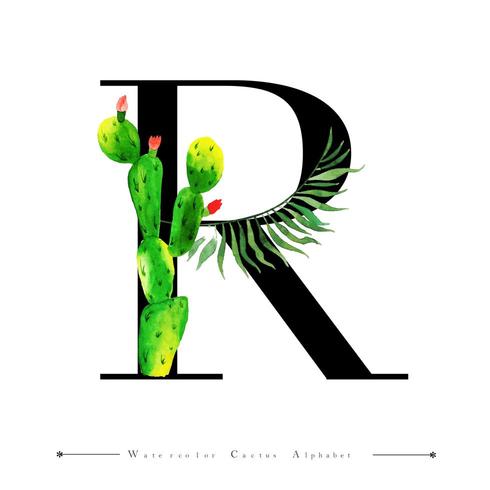 Alphabet Letter R with Watercolor cactus and Leaves