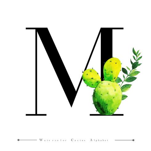 Alphabet Letter M with Watercolor cactus and Leaves  vector