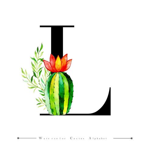 Alphabet Letter L with Watercolor cactus and Leaves vector