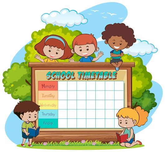 School timetable template with children and outdoor theme vector