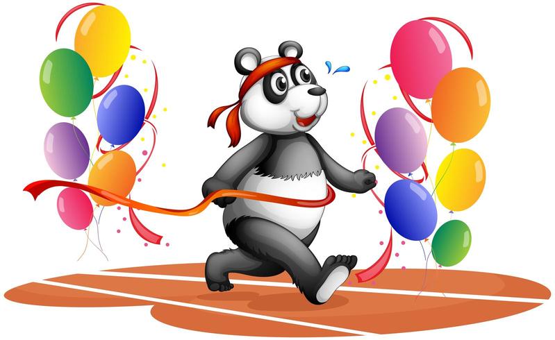 Un panda corriendo con globos de colores. vector