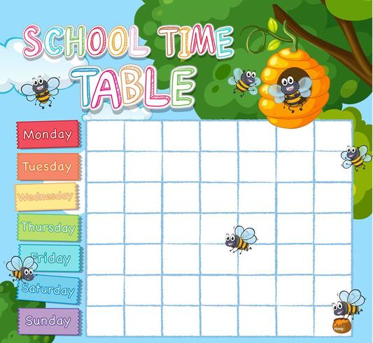 School timetable template with bees vector