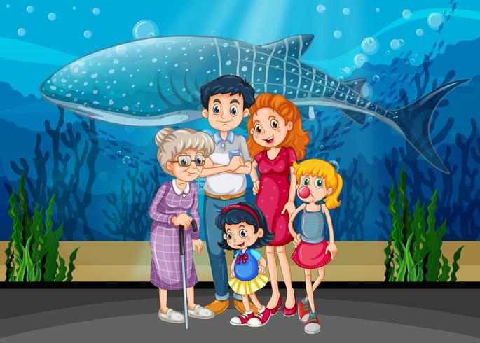 Family in aquarium scene vector