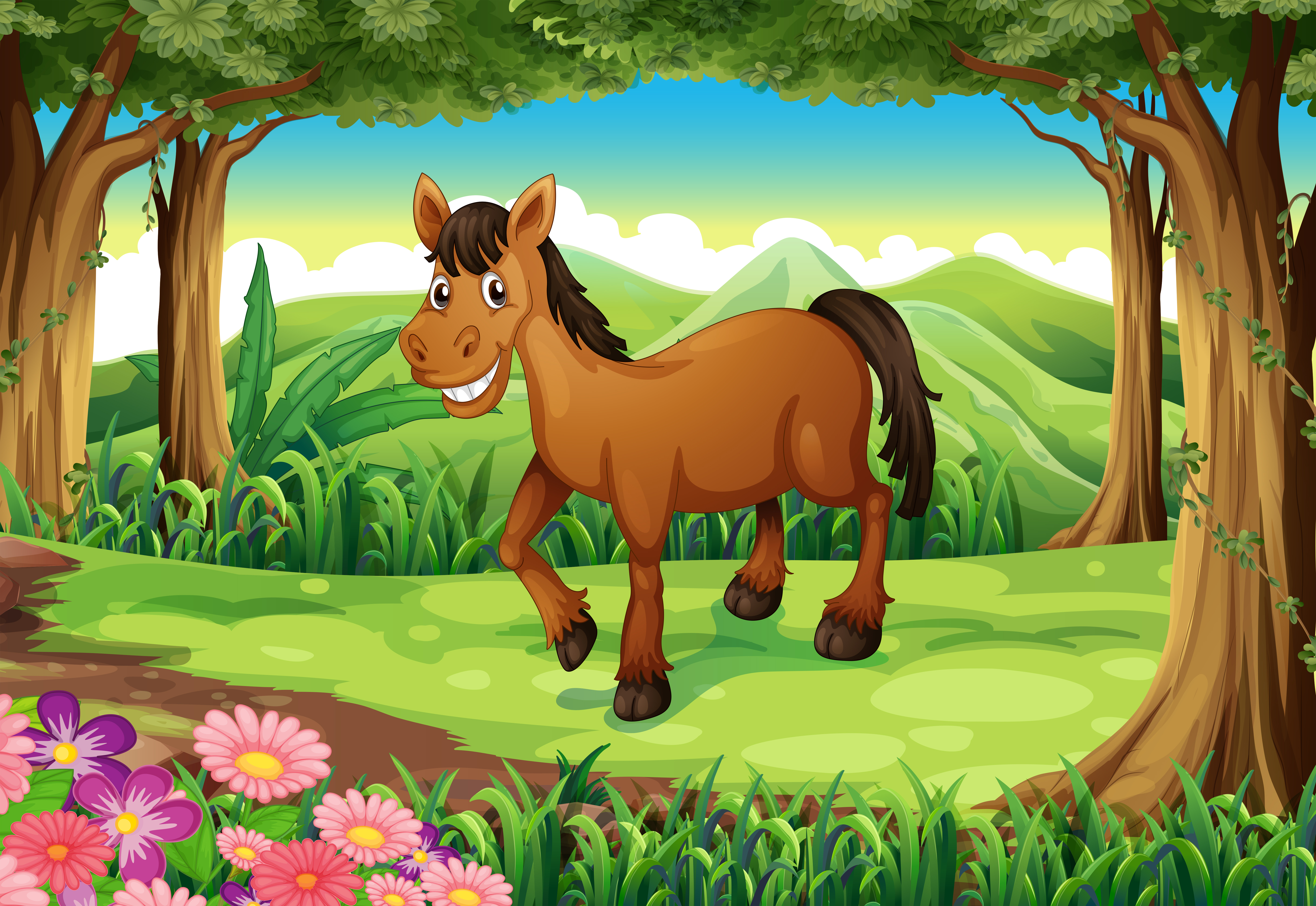 A smiling brown horse in the forest 684858 Vector Art at