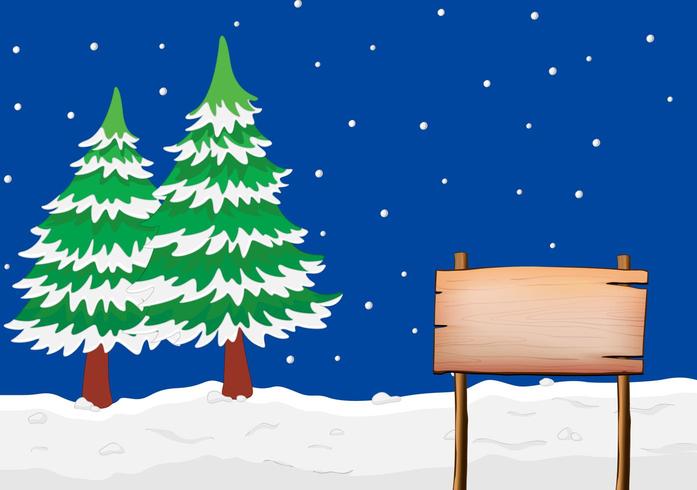 An empty signboard in snow with pine trees vector