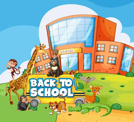 Back to school template with school, bus and animals vector