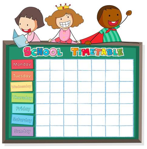 School timetable template with boys and girls on chalkboard vector