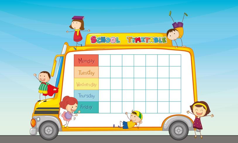 Horario escolar en autobús escolar con niños vector