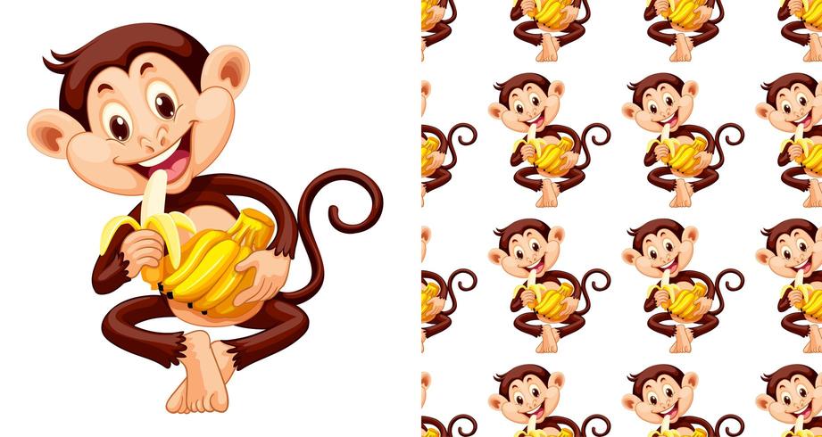 Seamless and isolated monkey eating banana pattern cartoon vector