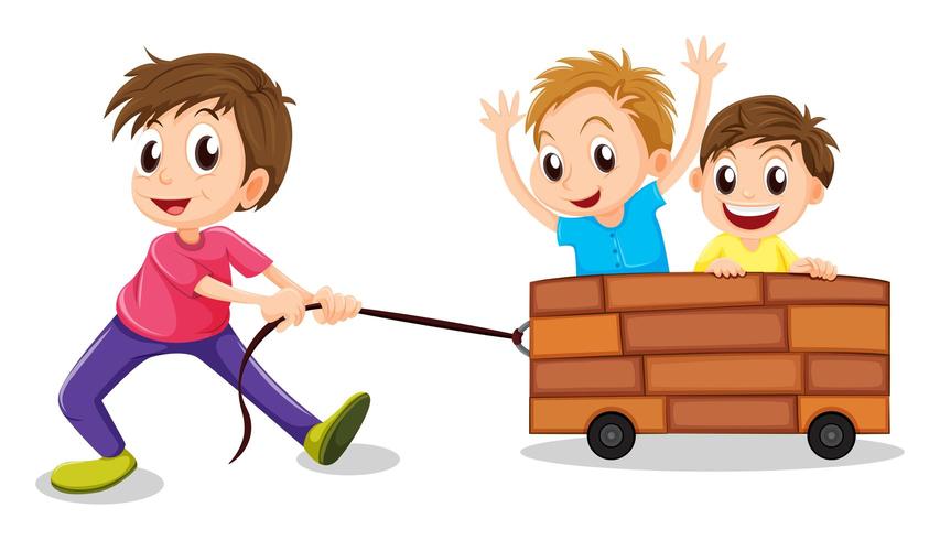 Three boys playing in wooden cart vector