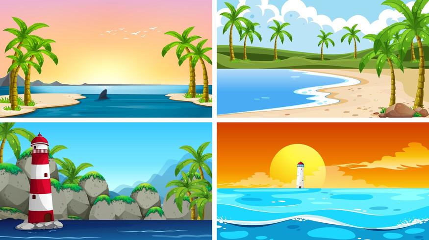Conjunto de escenas de la naturaleza del océano tropical con playas vector