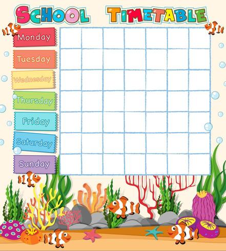 School timetable template with underwater theme vector