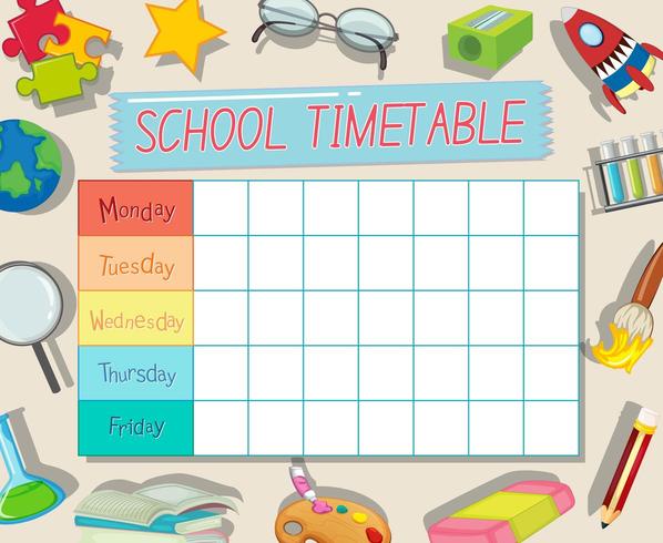 School timetable template with school supply theme vector