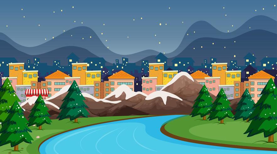 Town scene with river and snow vector