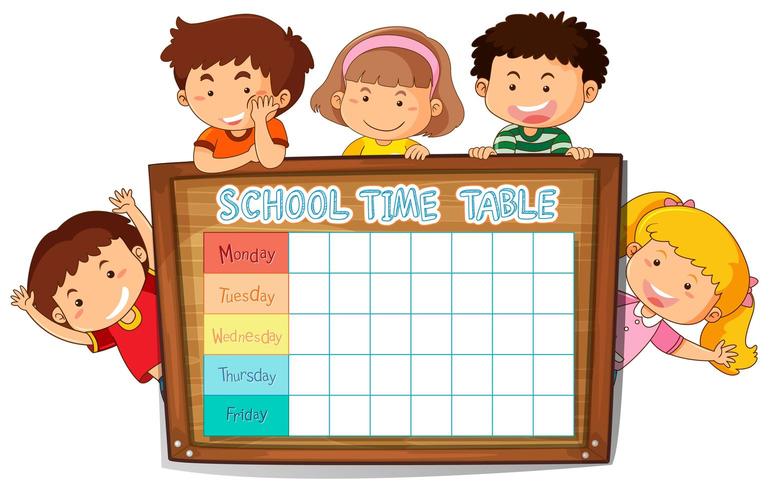 Timetable school planning with children around wooden board vector