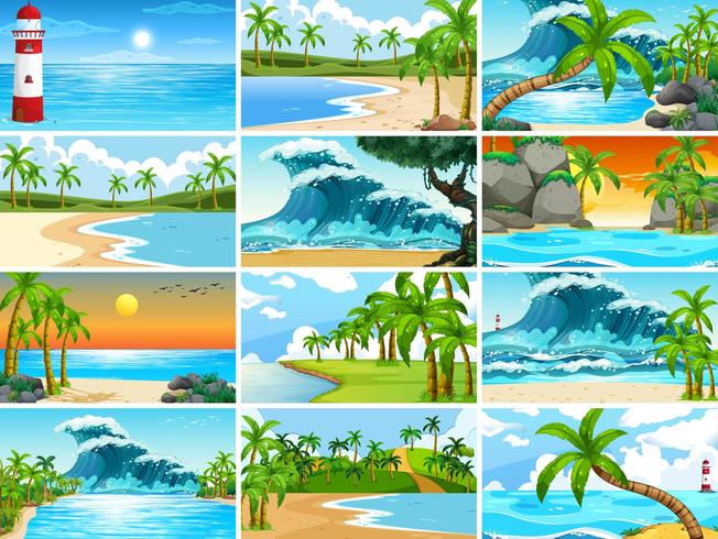 Conjunto de escenas de la naturaleza del océano tropical con playas vector