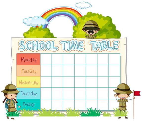 Horario de planificación escolar con exploradores y arcoiris vector