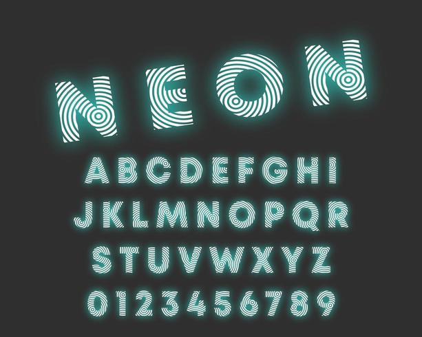Circular line alphabet font. Letters and numbers neon design vector