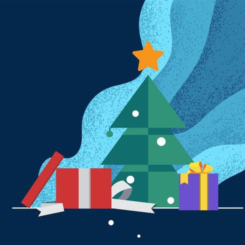 open presents box in front of Christmas tree with blue tone background vector