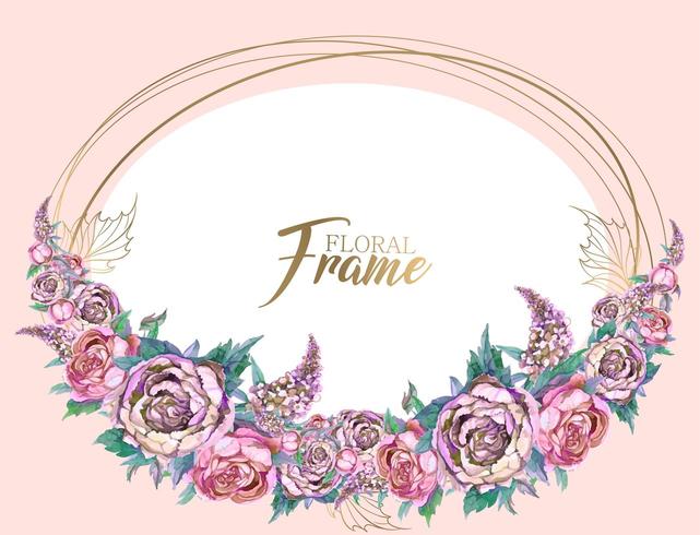 Oval frame with a garland of peonies and lilacs. vector