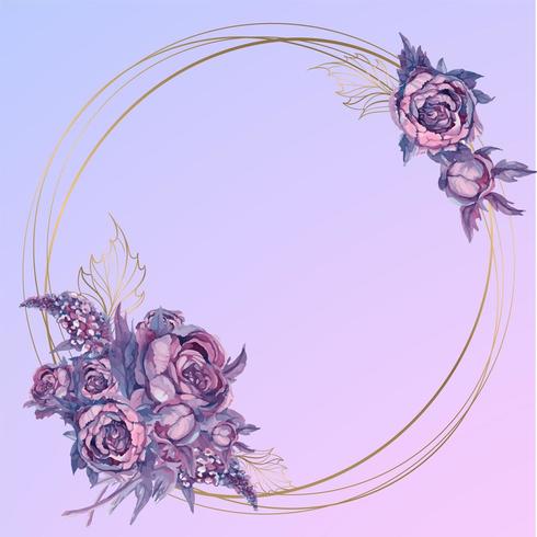 Round gold frame with a bouquet of watercolor flowers vector