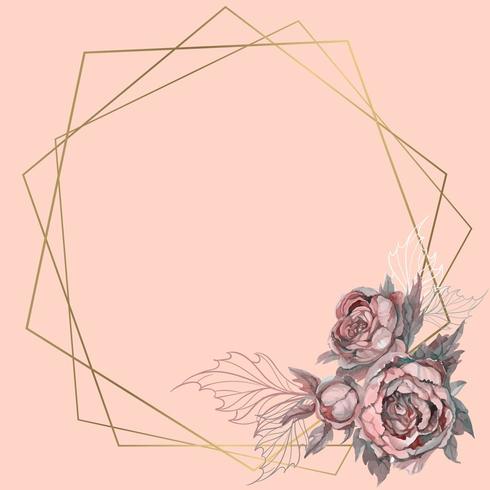 Gold geometric frame with a bouquet of flowers.  vector