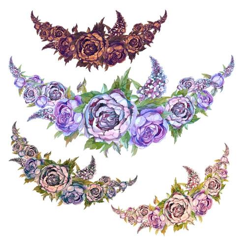 Set of watercolor garlands of flowers of peonies of roses and lilacs vector