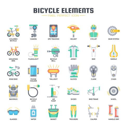 Iconos planos de elementos de bicicleta vector