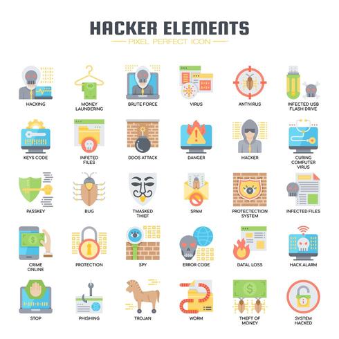 Iconos planos de elementos hacker vector