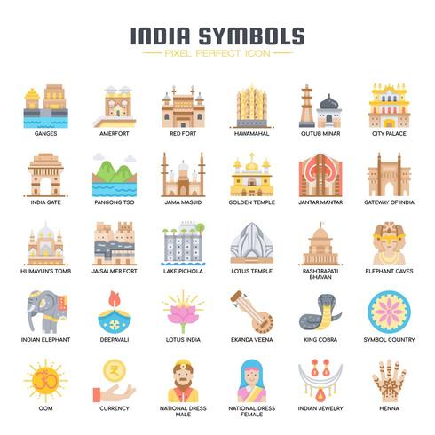 Símbolos de la India iconos de colores planos vector