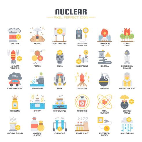 Iconos de colores planos de elementos nucleares vector