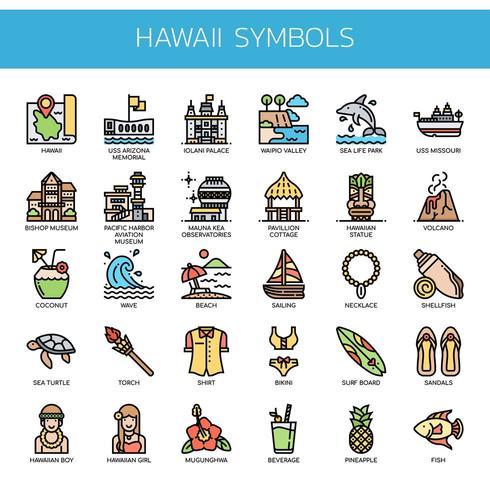 Símbolos de Hawaii Iconos de color de línea delgada vector