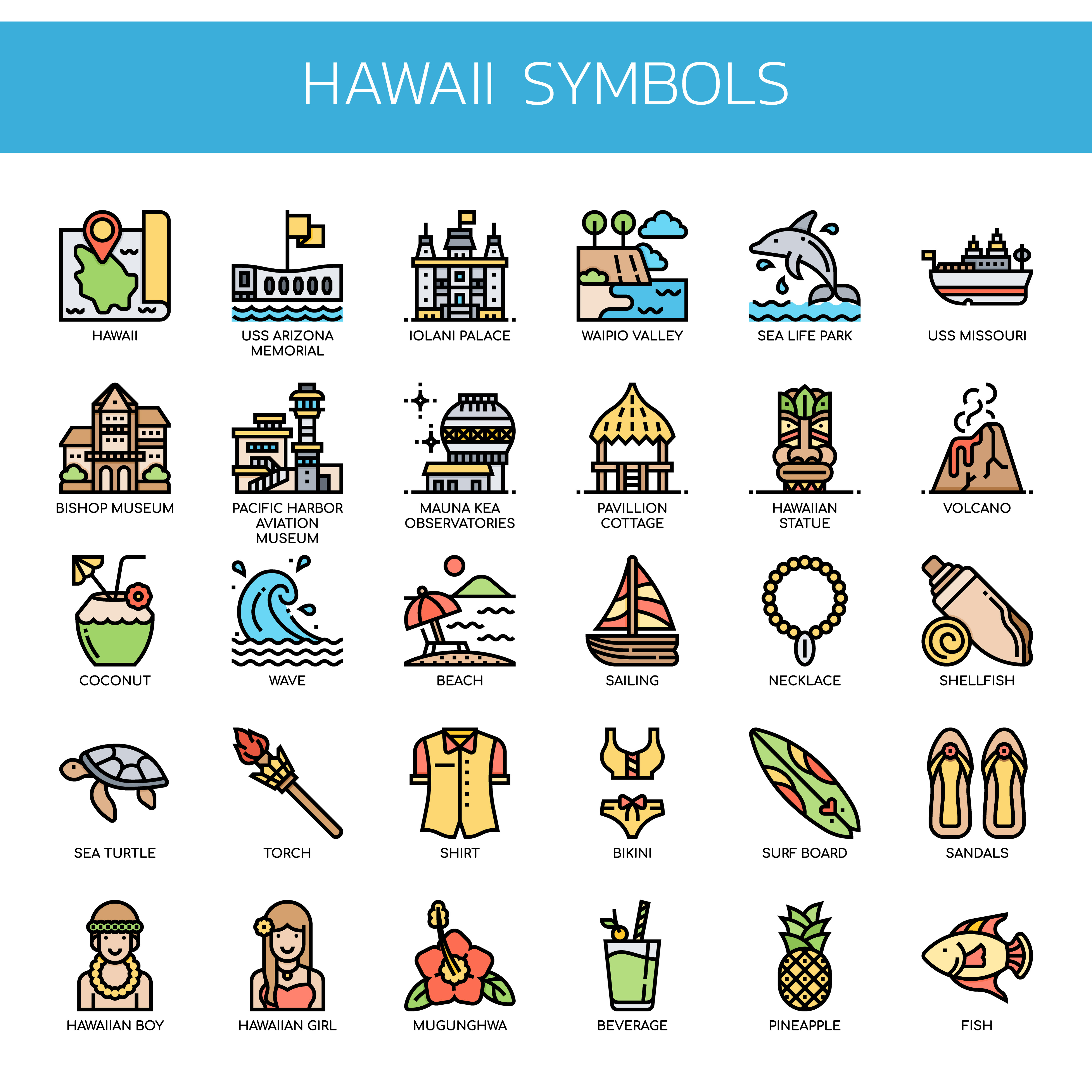 Hawaii Symbols Thin Line Color Icons 685215 Vector Art at Vecteezy