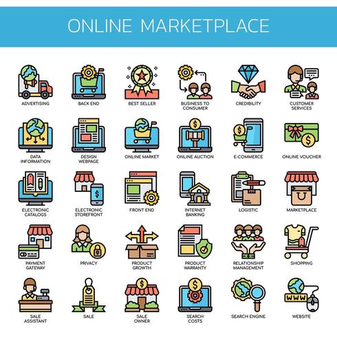 Online Marketplace Thin Line Color Icons vector