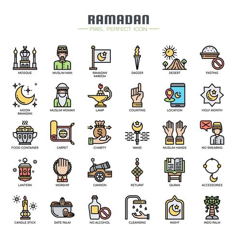 Ramadan Elements Thin Line Color Icons vector