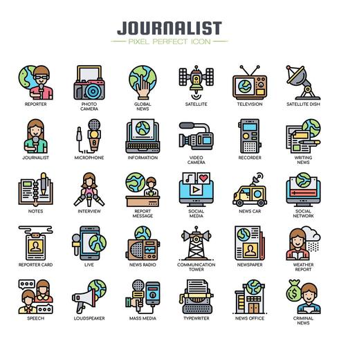 Elementos de periodista Iconos de líneas finas vector