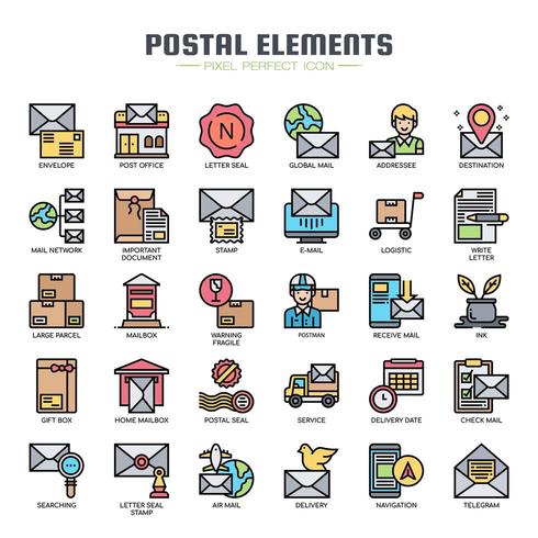 Iconos de colores de línea fina de elementos postales vector