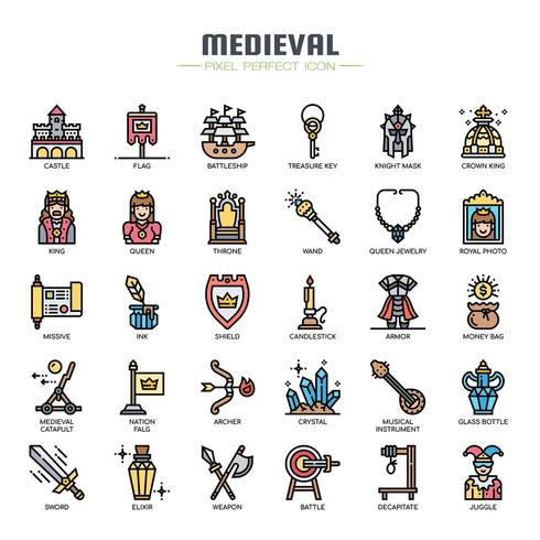 Medieval Elements Thin Line and Pixel Perfect Icons vector