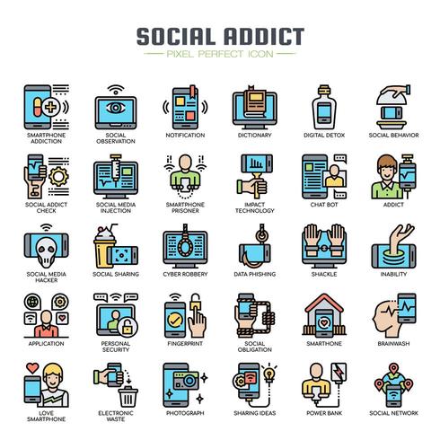 Social Media Addiction Thin Line Color Icons vector