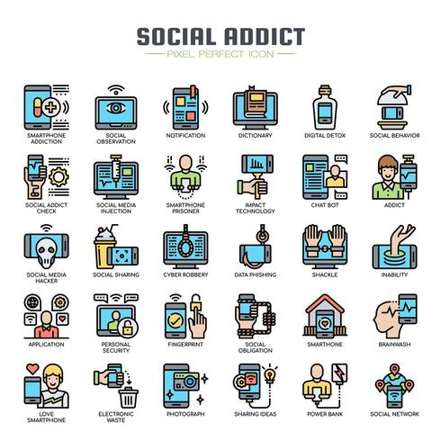 Adicción a las redes sociales Iconos de color de línea delgada vector