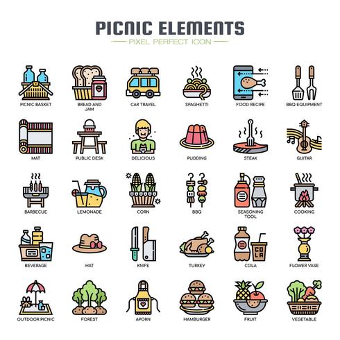 elementos de picnic iconos de color de línea delgada vector