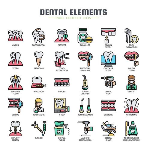 Dental Elements Thin Line Color Icons vector