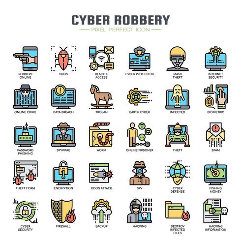 Cyber Robbery Thin Line Color Icons vector