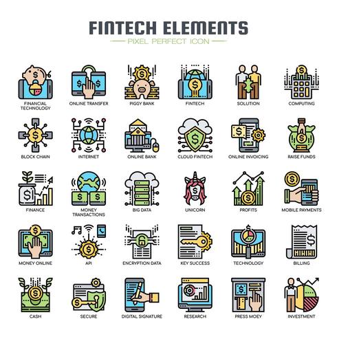 Fintech Elements Color Thin Line Icons vector