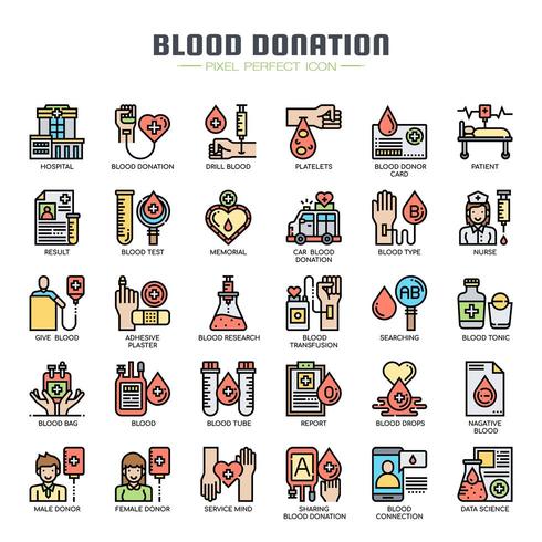 Iconos de delgada línea de donación de sangre vector