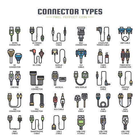 Tipos de conector Iconos de línea delgada vector